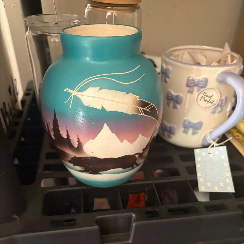 Native American Scenic Mountain Vase with Feather Design
